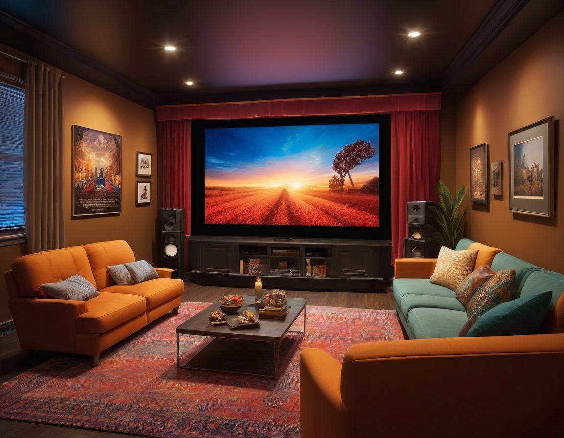 A cinematic scene showcasing a cozy home theater with a large high-definition screen displaying vibrant movie scenes. Film reels and popcorn scattered around, with the glow of the screen illuminating an audience of diverse movie lovers engrossed in the film. Include posters of iconic movies in the backdrop and a subtle touch of warm lighting for an inviting ambiance. super-realistic. vibrant colors. cinematic atmosphere.
