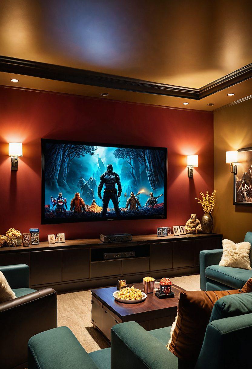 A cozy home cinema setup with a large screen displaying an extreme action film scene, plush seating for family and friends, popcorn bowls spilling over with treats, dimmed lights casting a warm glow, and movie posters on the walls. Cinematic atmosphere with a touch of excitement and thrill. vibrant colors. super-realistic.