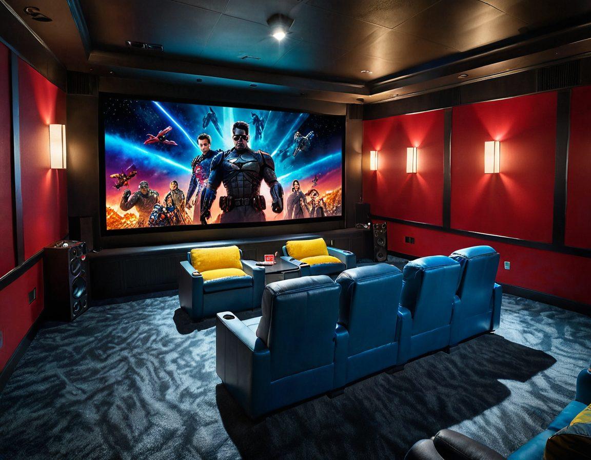 A dynamic composition showcasing an extravagant home theater setup with a large screen displaying an intense action movie scene. Include plush seating, glowing LED lights, and movie posters adorning the walls, with cinematic elements like popcorn and 3D glasses scattered artistically. The ambiance should reflect thrill and excitement, inviting viewers into a world of extreme cinema experiences. super-realistic. vibrant colors. 3D.